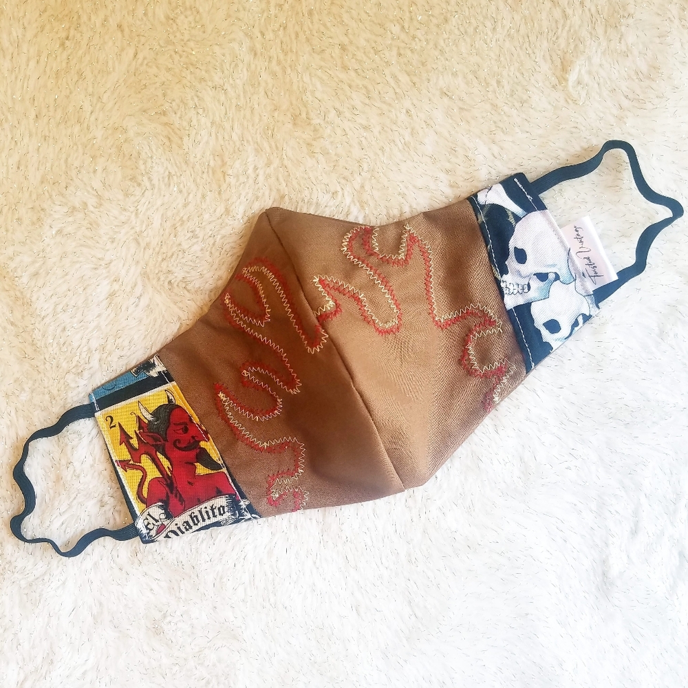 Handmade El Diablito Loteria Devil Skulls Embroidery Flames Brown Face Mask L